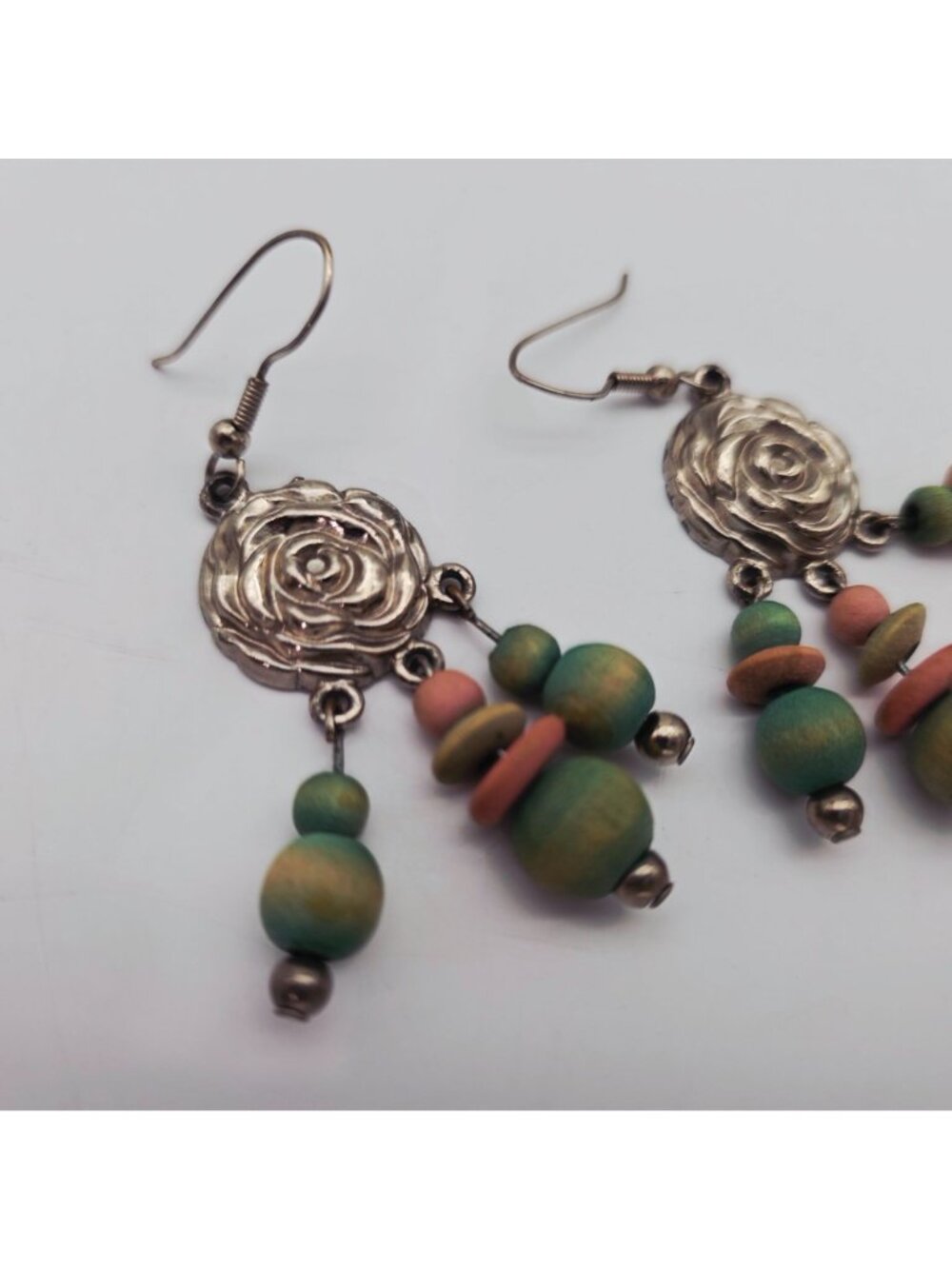 Beaded Dangle Earrings Floral Rose Motif & Metal Multicolored Wood Beads Boho - Picture 2 of 4
